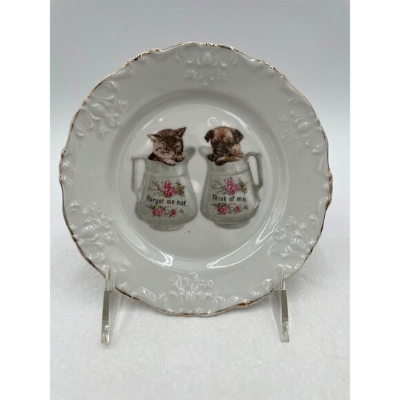 Vintage German Porcelain Plate Cat & Dog Graphic "Forget Me Not" & "Think Of Me" - Picture 2 of 5